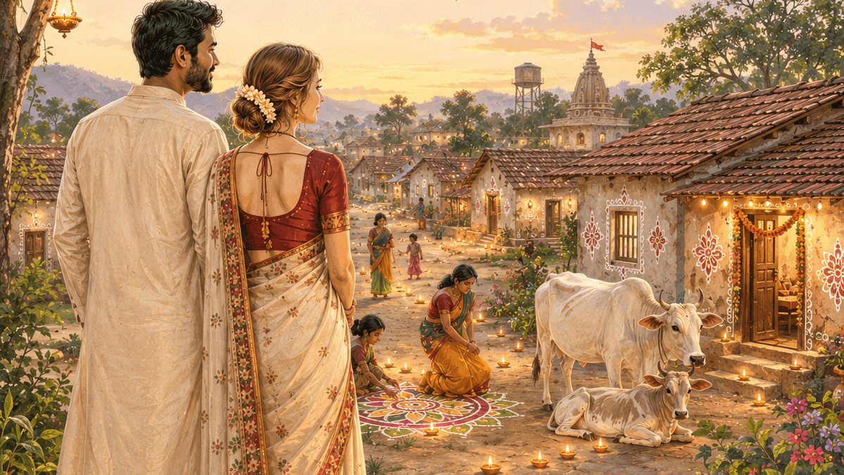 Cover illustration for Homecoming featuring a couple returning to a village adorned with rangoli, diyas, and Diwali decorations, symbolizing home, tradition, and new beginnings.