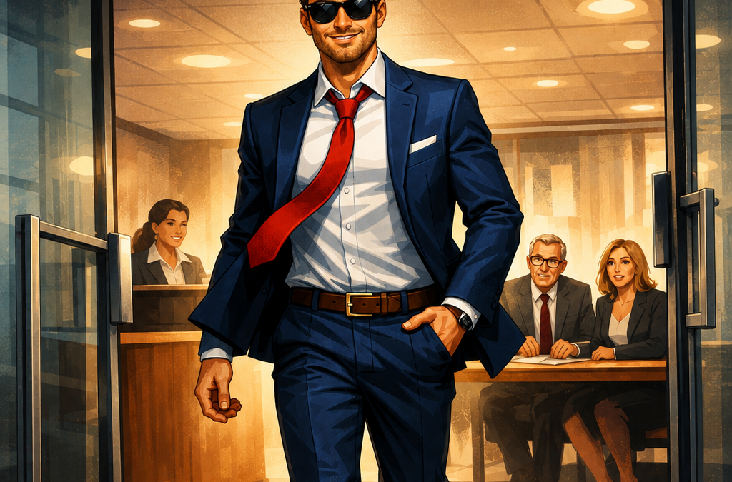 Cover illustration for Just Walk In featuring a confident young professional walking into a job interview, symbolizing self-belief, courage, and new beginnings.