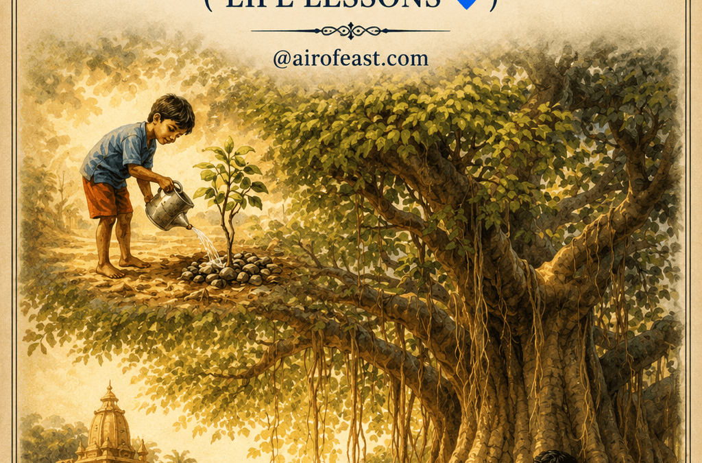 Illustrated cover for Goodness Returns – Life Lessons featuring a child watering a sapling that grows into a great banyan tree sheltering a weary traveler, symbolizing kindness, gratitude, and the enduring rewards of good deeds.