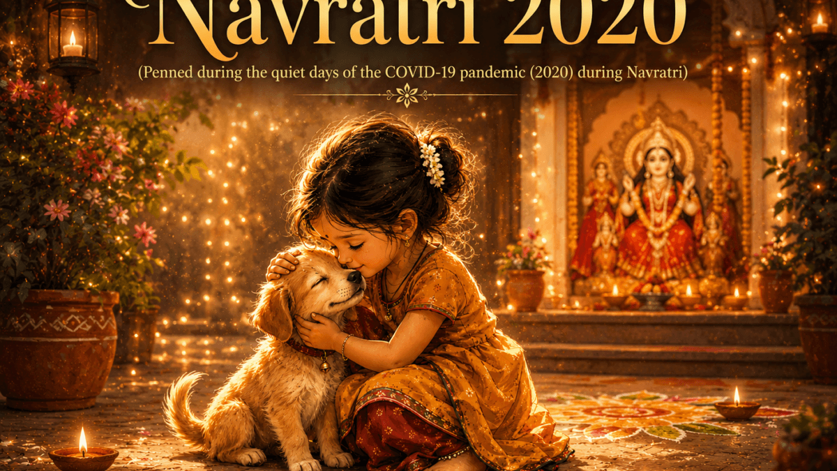 Cover illustration for Navratri 2020 featuring a young girl embracing a puppy before Goddess Durga, symbolizing compassion, devotion, and hope during the 2020 pandemic.