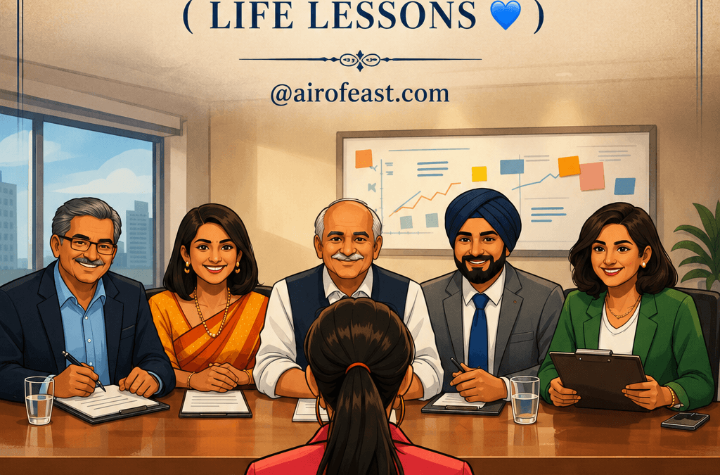 Cover illustration for Quick Tip – Life Lessons featuring a job interview panel meeting with a candidate, symbolizing confidence, preparation, and career success.