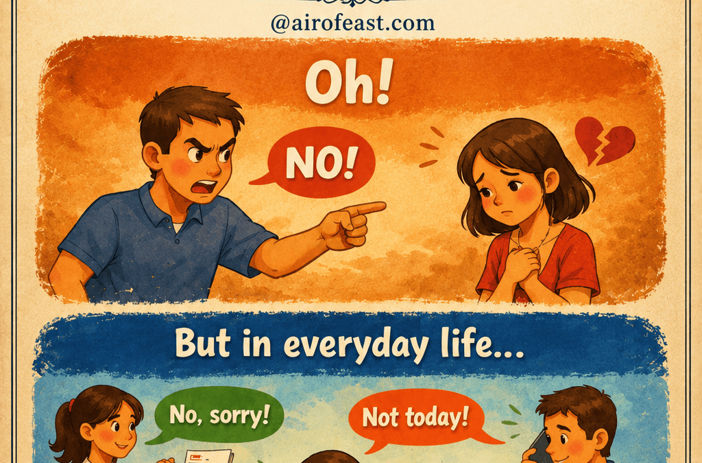 Illustrated cover for Taking a "No" – Life Lessons showing different situations where people respectfully say no, highlighting emotional resilience, healthy boundaries, acceptance of rejection, and the importance of handling refusal with maturity.