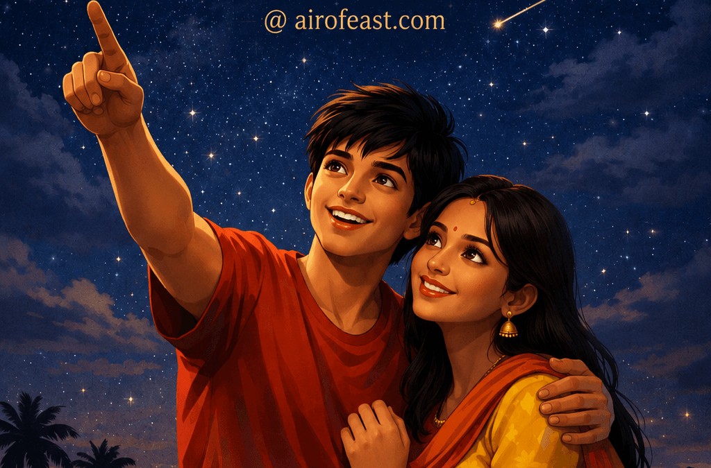 Cover illustration for Aakash Vani featuring a young couple gazing at the starry night sky, symbolizing love, dreams, and hope beneath the heavens.