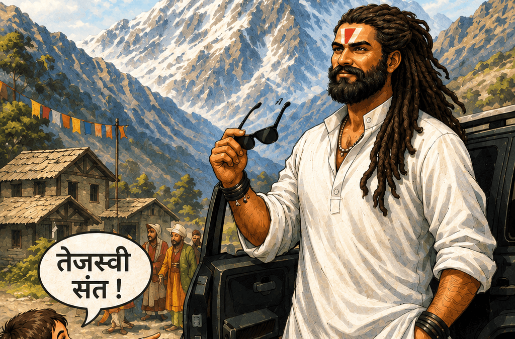 Cover illustration for Chiranjeevi featuring a mysterious sage arriving in a Indian village, inspiring wonder, faith, and the timeless search for divine wisdom.