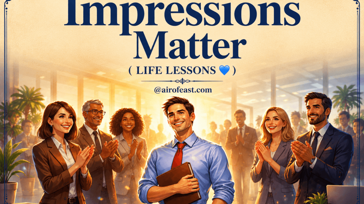 Illustrated cover for Impressions Matter – Life Lessons featuring a confident professional receiving applause from colleagues in a modern workplace, symbolizing the importance of first impressions, professionalism, confidence, and earning respect through character and conduct.