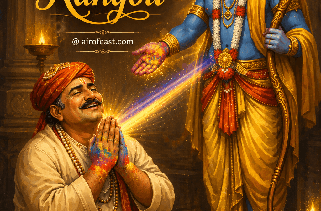 Cover illustration for Lord Rama and Rangoli featuring Lord Rama blessing a zamindar, symbolizing devotion, divine grace, and the sacred art of welcoming goodness.