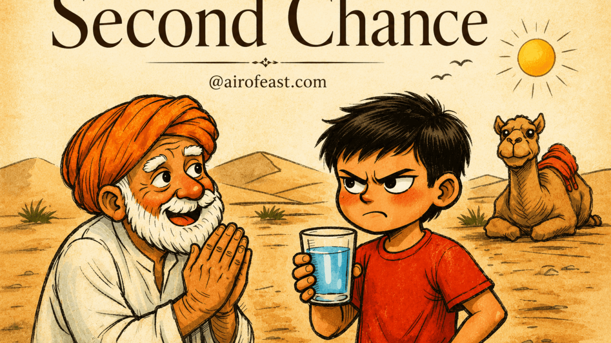 Cover illustration for Second Chance featuring a young boy offering water to an elderly man in the desert, symbolizing compassion, forgiveness, and the power of second chances.