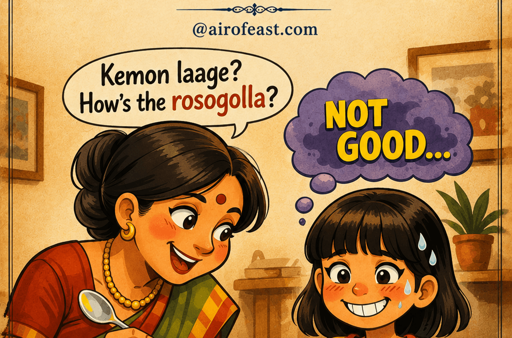 Illustrated cover for Smile and Survive – Life Lessons featuring a child smiling politely after tasting homemade rasgullas despite not enjoying them, conveying kindness, empathy, social grace, and the gentle lessons of navigating everyday situations with respect.