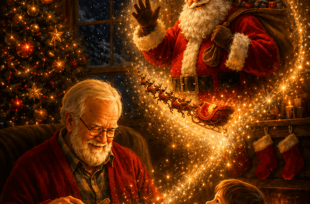 Cover illustration for Magic of Santa featuring Santa Claus watching over a grandfather, child, and their dog on Christmas Eve, symbolizing love, family, kindness, and the magic of Christmas.