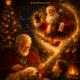 Cover illustration for Magic of Santa featuring Santa Claus watching over a grandfather, child, and their dog on Christmas Eve, symbolizing love, family, kindness, and the magic of Christmas.