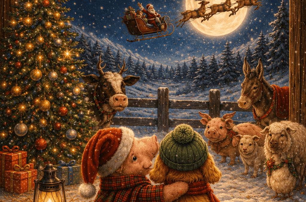 Cover illustration for Tim Bella featuring a piglet and a puppy embracing on Christmas Eve as Santa Claus flies overhead, symbolizing friendship, kindness, and the magic of Christmas