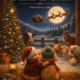 Cover illustration for Tim Bella featuring a piglet and a puppy embracing on Christmas Eve as Santa Claus flies overhead, symbolizing friendship, kindness, and the magic of Christmas