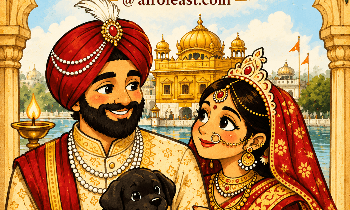 Cover illustration for Ardaas featuring a Sikh and Bengali couple holding a black puppy before the Golden Temple, symbolizing faith, love, compassion, and divine blessings.