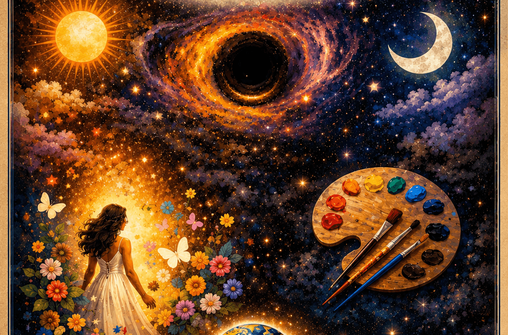 Illustrated cover for Beyond Black – Life Lessons featuring a cosmic black hole surrounded by symbols of light, art, nature, Earth, and hope, conveying the idea of looking beyond darkness to discover beauty, purpose, creativity, compassion, and new possibilities.