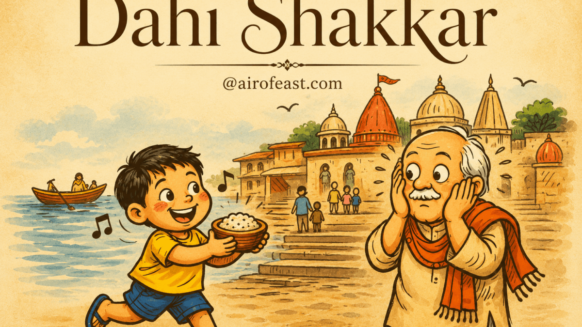 Cover illustration for Dahi Shakkar featuring a joyful child offering a bowl of curd and sugar to an elderly man by a temple, symbolizing kindness, blessings, and good luck