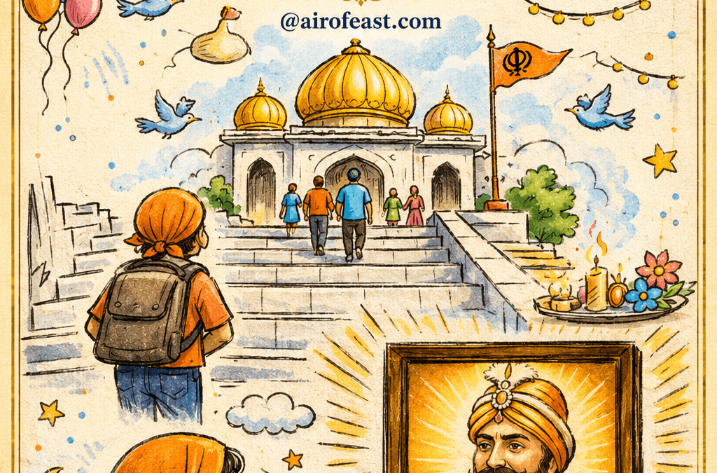 Illustrated cover for Guru Da Darshan – Life Lessons featuring a young devotee visiting a gurdwara and offering prayers before a revered Guru's portrait, symbolizing faith, humility, spiritual guidance, gratitude, and receiving wisdom with devotion.