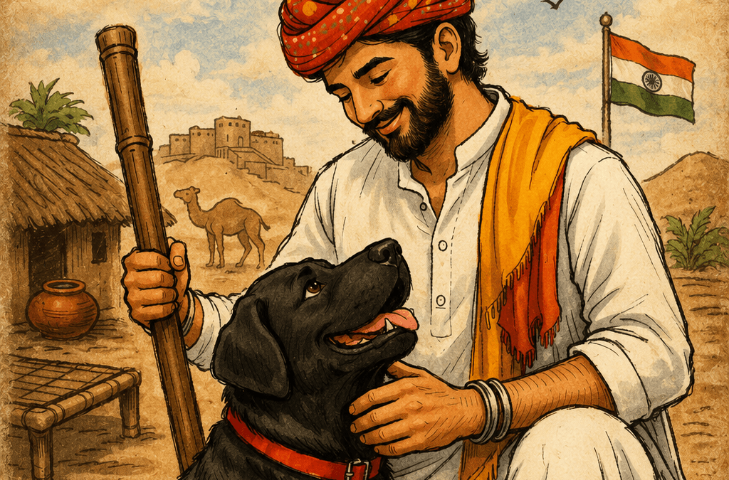 Cover illustration for Abhay Daan featuring a compassionate villager embracing a loyal black dog, symbolizing courage, kindness, protection, and the bond between humans and animals.