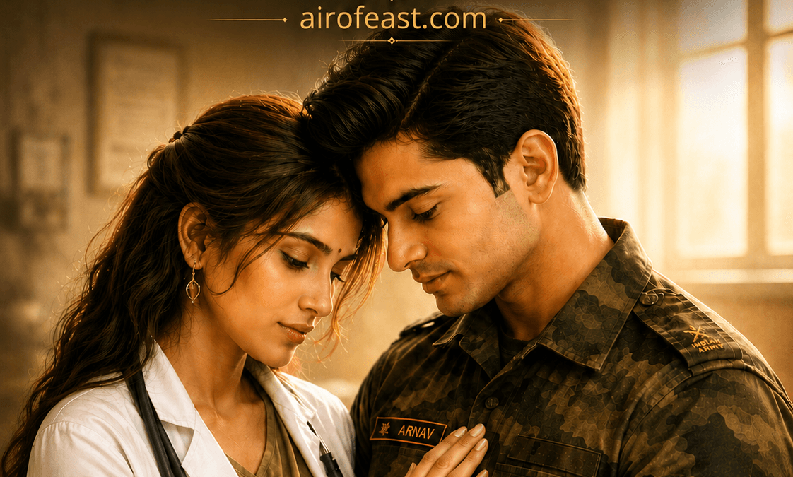 Cover illustration for Aditi Arnav featuring a doctor and a soldier sharing a quiet embrace, symbolizing unwavering love, sacrifice, and a lifelong promise