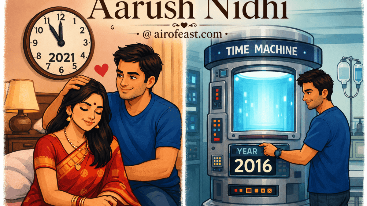 Cover illustration for Aarush Nidhi featuring a couple in love and a young man preparing to travel back to 2016 in a time machine, symbolizing love, destiny, and second chances.