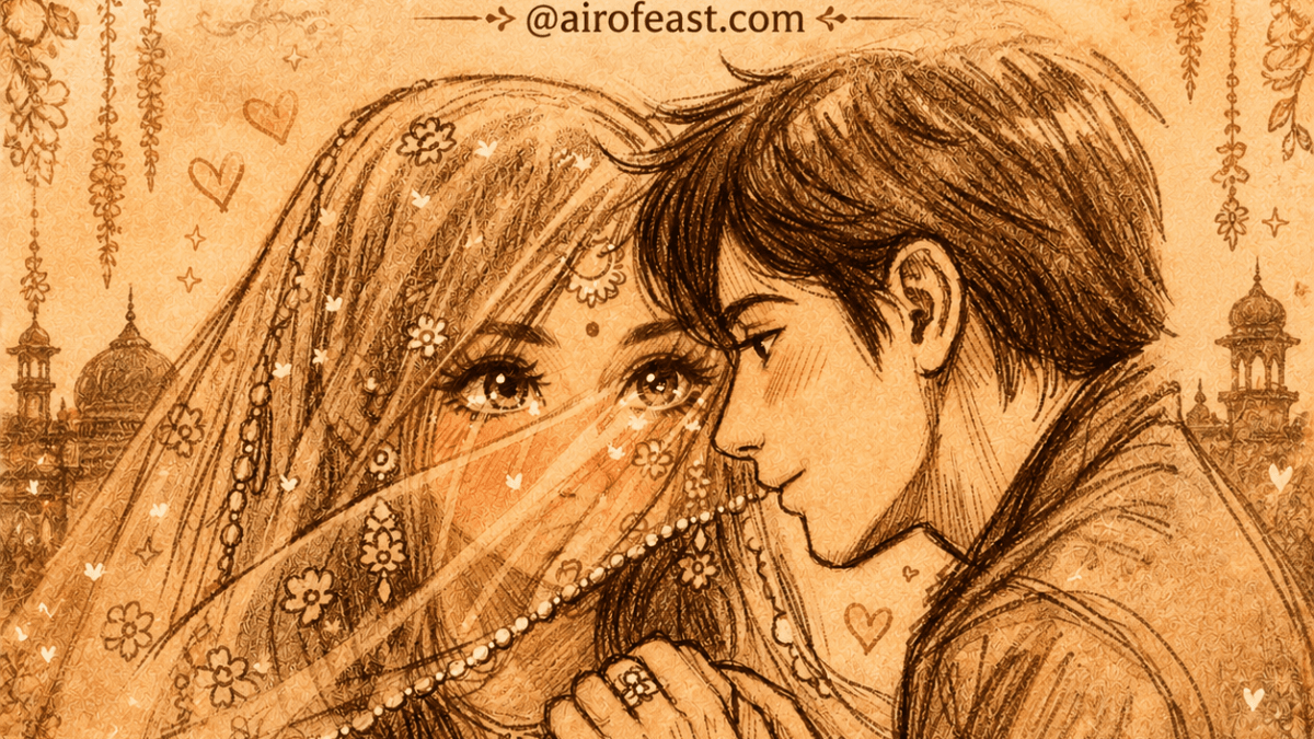 Cover illustration for Nayan Naksh featuring a girl and boy sharing a tender moment beneath a bridal veil, symbolizing eternal love, trust, and the sacred bond of love