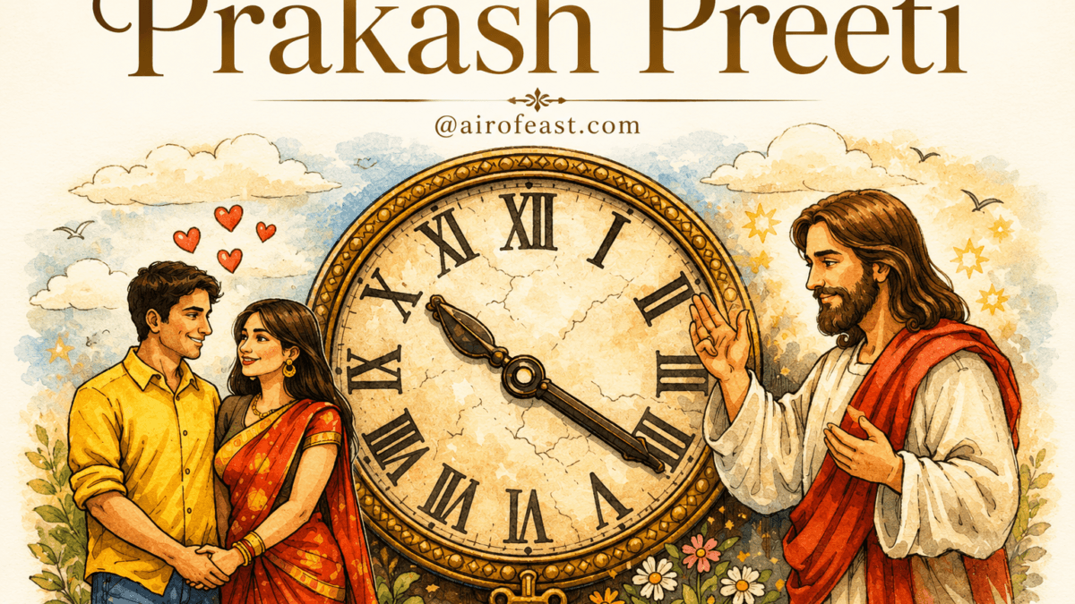 Cover illustration for Prakash Preeti featuring a couple standing before a timeless clock as Jesus blesses them, symbolizing divine love, faith, and destiny beyond time.