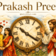 Cover illustration for Prakash Preeti featuring a couple standing before a timeless clock as Jesus blesses them, symbolizing divine love, faith, and destiny beyond time.