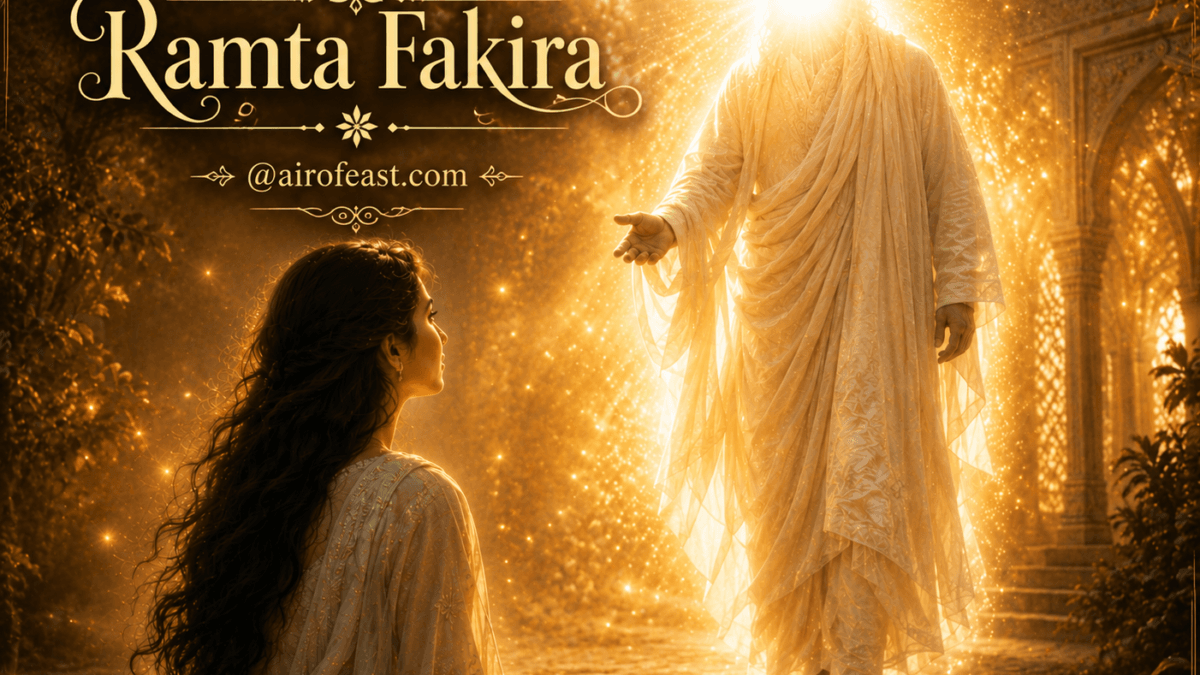 Cover illustration for Ramta Fakira featuring a radiant divine figure extending a hand toward a woman, symbolizing spiritual awakening, faith, and the guiding light of divine grace.