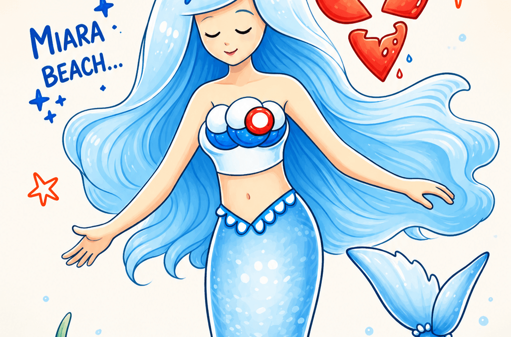 Cover illustration for Miara Beach featuring a serene blue-haired mermaid with a broken heart, symbolizing love, heartbreak, healing, and hope beneath the sea.