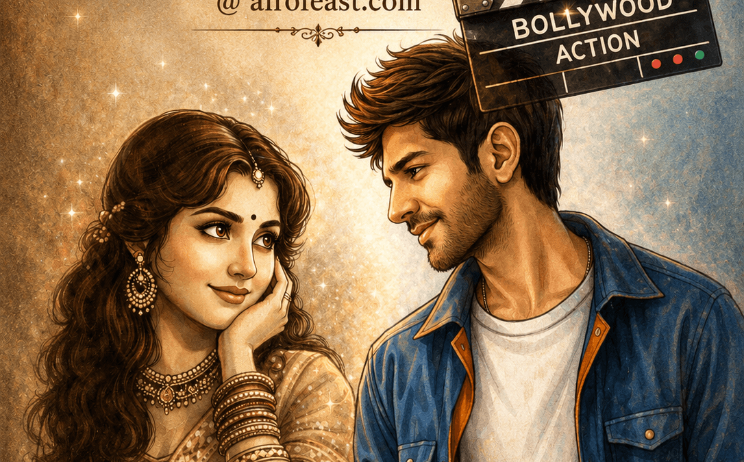 Cover illustration for Raman Raji featuring two aspiring actors sharing a heartfelt moment on a Bollywood film set, symbolizing love, dreams, and destiny.