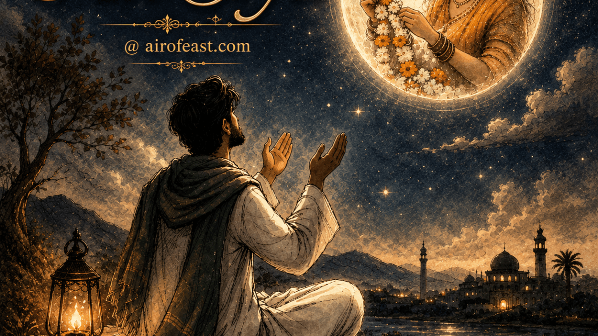 Cover illustration for Ali Siya featuring a man praying beneath the moon as the radiant image of his beloved appears in the moon, symbolizing faith, longing, and eternal love.