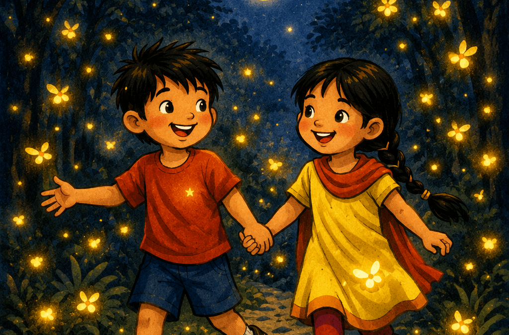 Cover illustration for Manan Shruti featuring two joyful children walking hand in hand through a moonlit forest filled with glowing fireflies, symbolizing friendship, innocence, and hope.